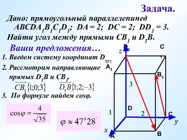 Задача. Дано: прямоугольный параллелепипед АВСDA1B1C1D1; DA = 2; DC = 2;