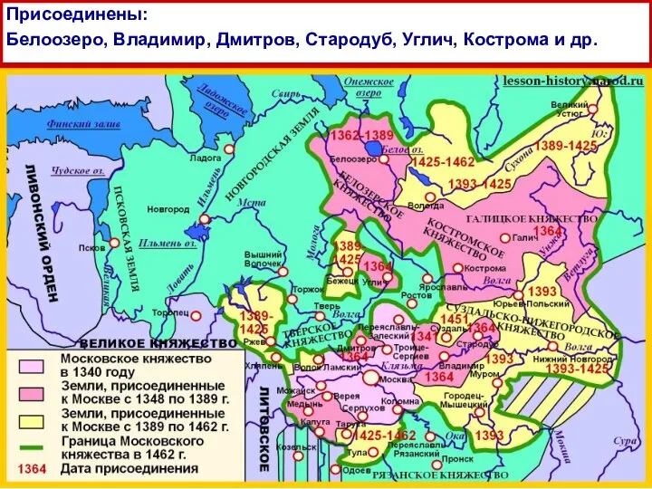 Присоединены: Белоозеро, Владимир, Дмитров, Стародуб, Углич, Кострома и др.