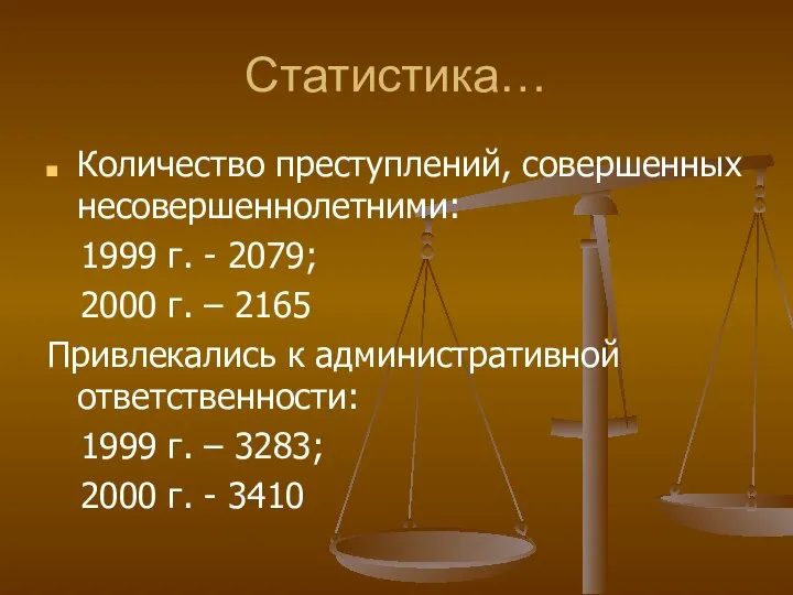 Статистика… Количество преступлений, совершенных несовершеннолетними: 1999 г. - 2079; 2000 г.