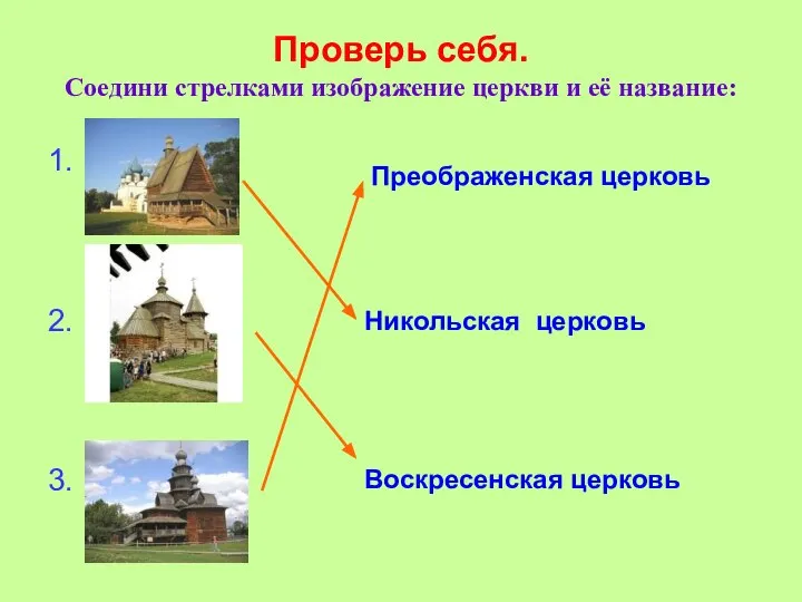 Проверь себя. Соедини стрелками изображение церкви и её название: 1. 2.