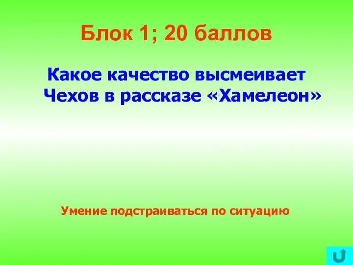 Блок 1; 20 баллов Какое качество высмеивает Чехов в рассказе «Хамелеон» Умение подстраиваться по ситуацию