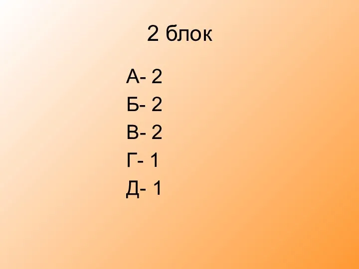 2 блок А- 2 Б- 2 В- 2 Г- 1 Д- 1