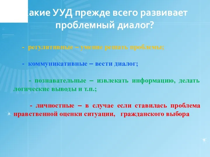 Какие УУД прежде всего развивает проблемный диалог? - регулятивные – умение