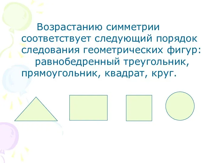 Возрастанию симметрии соответствует следующий порядок следования геометрических фигур: равнобедренный треугольник, прямоугольник, квадрат, круг.