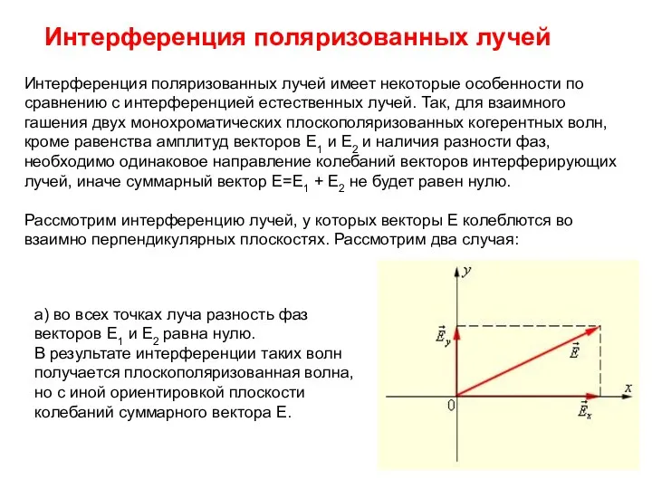 Интерференция поляризованных лучей Интерференция поляризованных лучей имеет некоторые особенности по сравнению