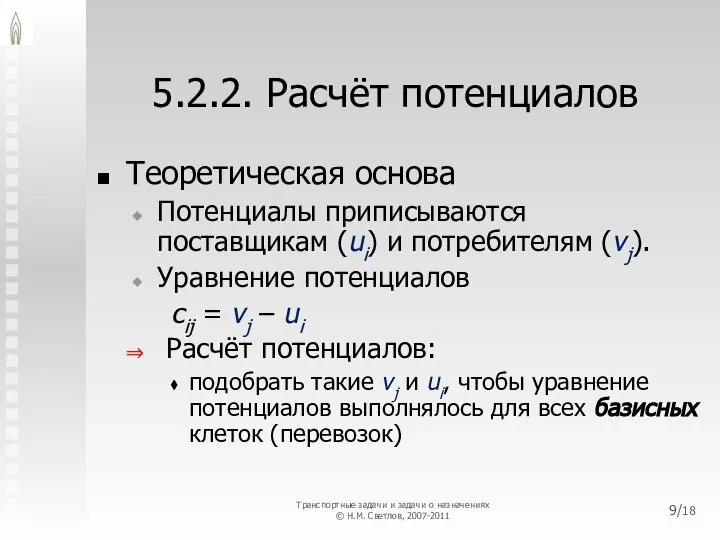 5.2.2. Расчёт потенциалов Теоретическая основа Потенциалы приписываются поставщикам (ui) и потребителям