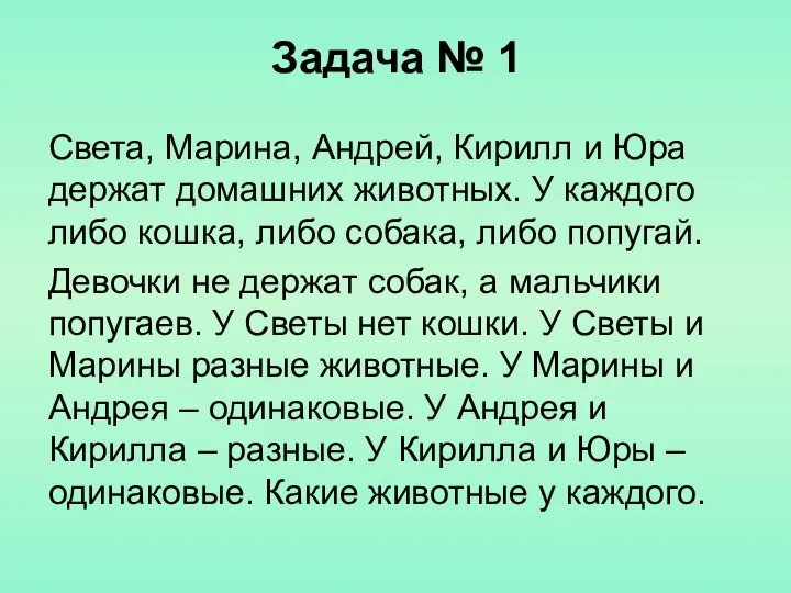 Задача № 1 Света, Марина, Андрей, Кирилл и Юра держат домашних