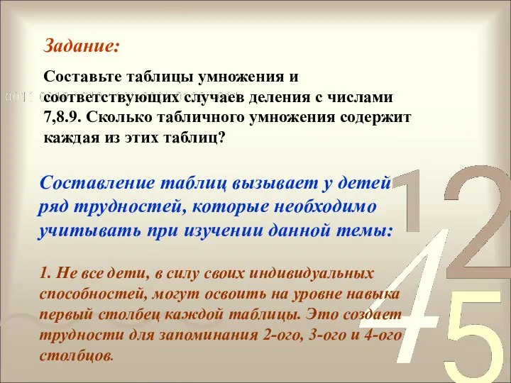 Задание: Составьте таблицы умножения и соответствующих случаев деления с числами 7,8.9.