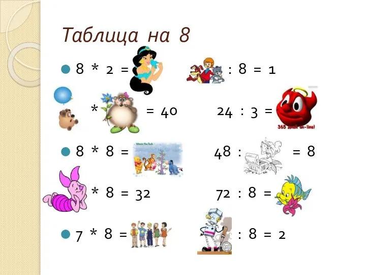 Таблица на 8 8 * 2 = 16 8 : 8