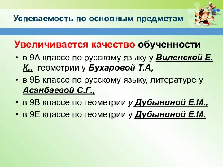 Успеваемость по основным предметам Увеличивается качество обученности в 9А классе по