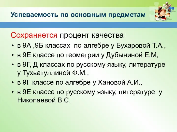 Успеваемость по основным предметам Сохраняется процент качества: в 9А ,9Б классах