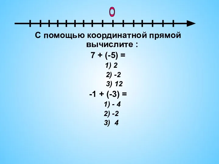 С помощью координатной прямой вычислите : 7 + (-5) = 1)