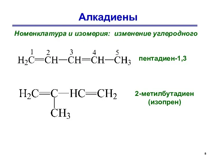 Алкадиены Номенклатура и изомерия: изменение углеродного пентадиен-1,3 2-метилбутадиен (изопрен)