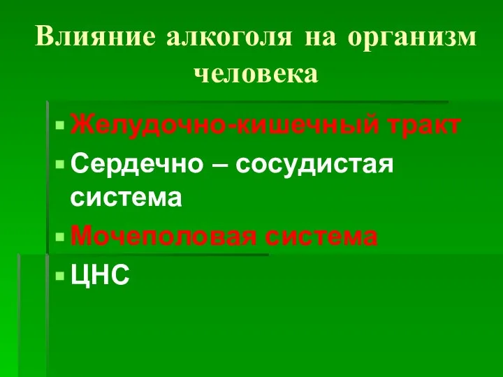 Влияние алкоголя на организм человека Желудочно-кишечный тракт Сердечно – сосудистая система Мочеполовая система ЦНС