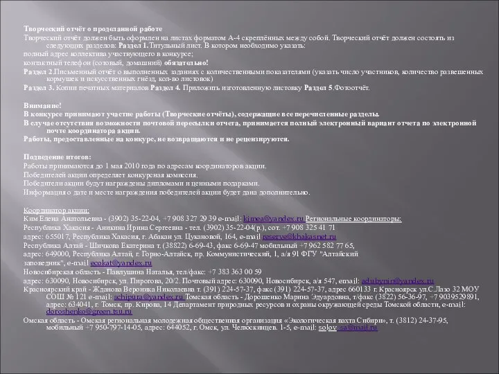 Творческий отчёт о проделанной работе Творческий отчёт должен быть оформлен на