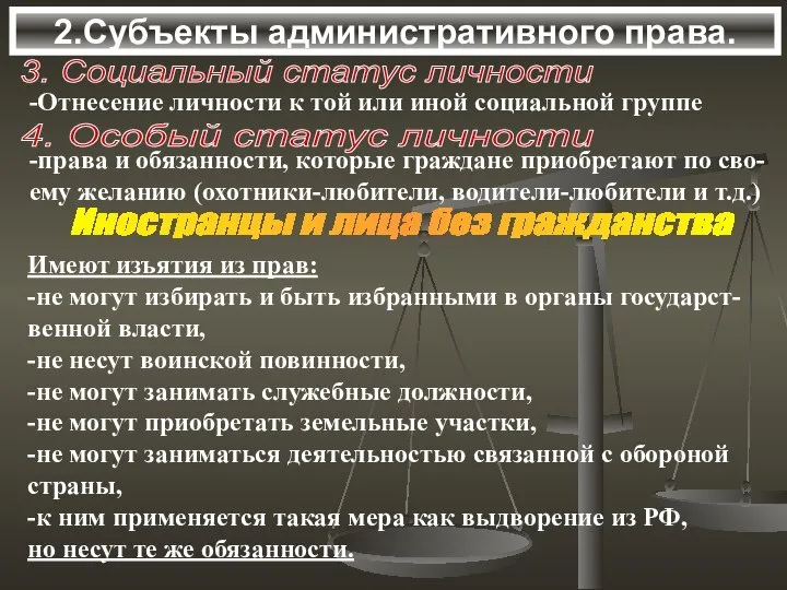 2.Субъекты административного права. 3. Социальный статус личности -Отнесение личности к той