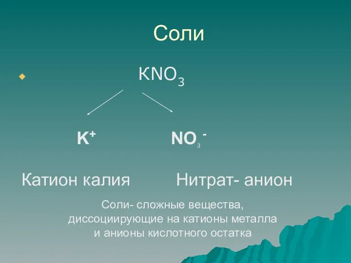 Соли КNO3 K+ NO3 - Катион калия Нитрат- анион Соли- сложные