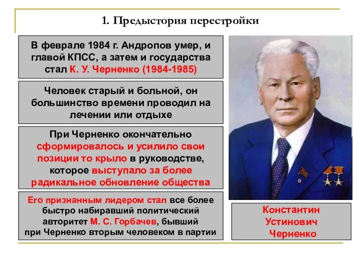 1. Предыстория перестройки В феврале 1984 г. Андропов умер, и главой