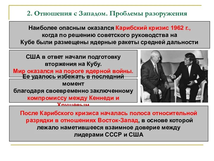 2. Отношения с Западом. Проблемы разоружения Наиболее опасным оказался Карибский кризис