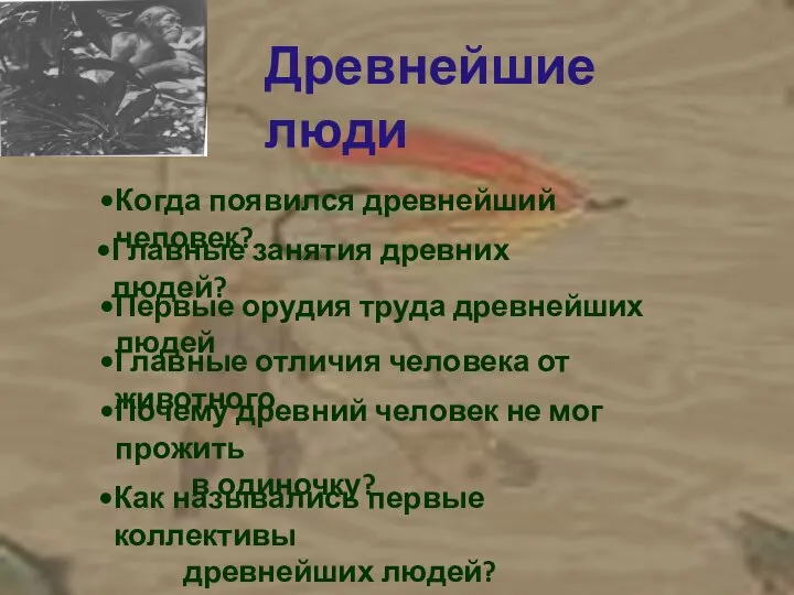 Древнейшие люди Когда появился древнейший человек? Главные занятия древних людей? Первые