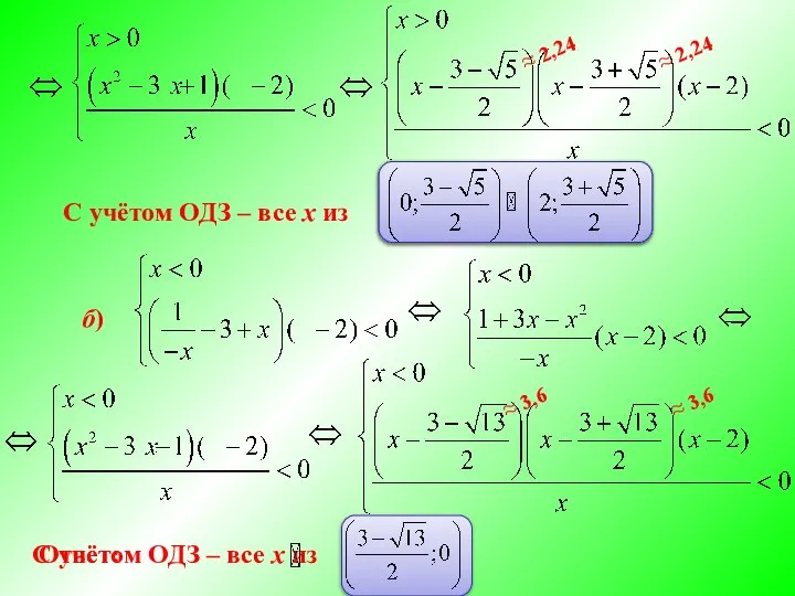 б) С учётом ОДЗ – все х из С учётом ОДЗ