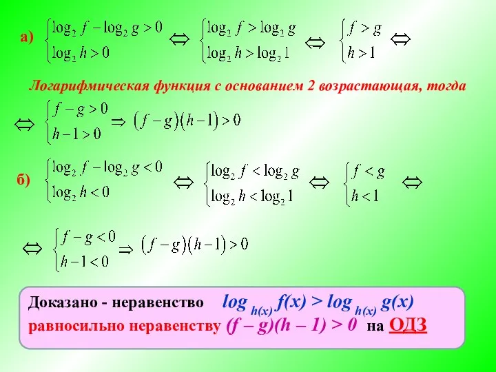 а) Логарифмическая функция с основанием 2 возрастающая, тогда б)