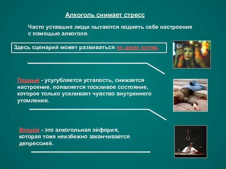 Алкоголь снимает стресс Часто уставшие люди пытаются поднять себе настроение с