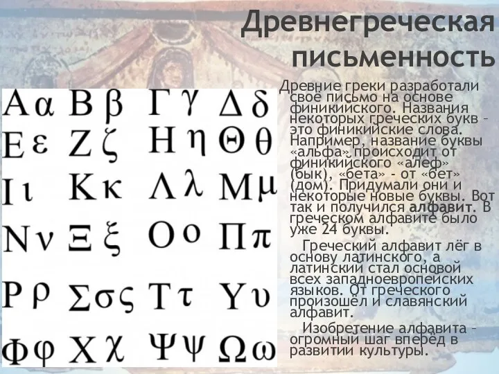 Древнегреческая письменность Древние греки разработали своё письмо на основе финикийского. Названия