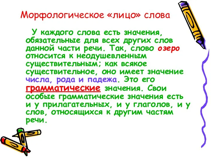 Морфологическое «лицо» слова У каждого слова есть значения, обязательные для всех