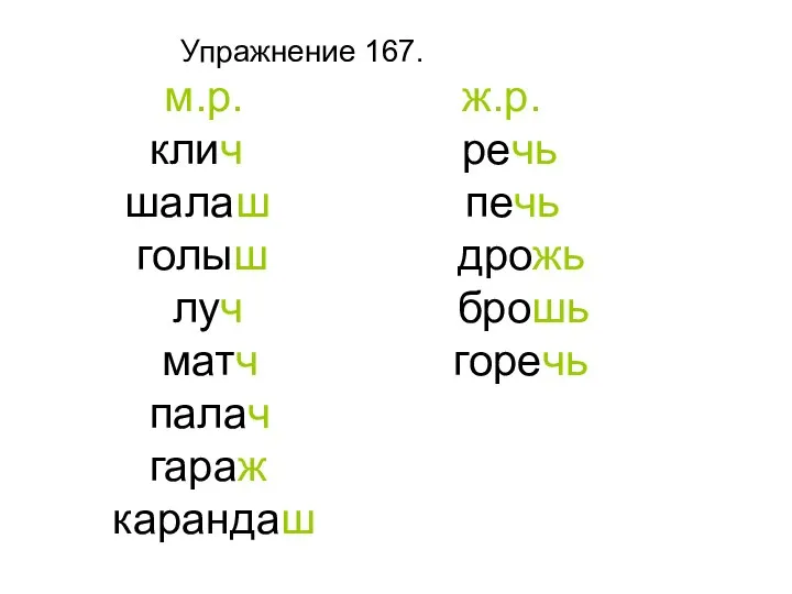 Упражнение 167. м.р. ж.р. клич речь шалаш печь голыш дрожь луч