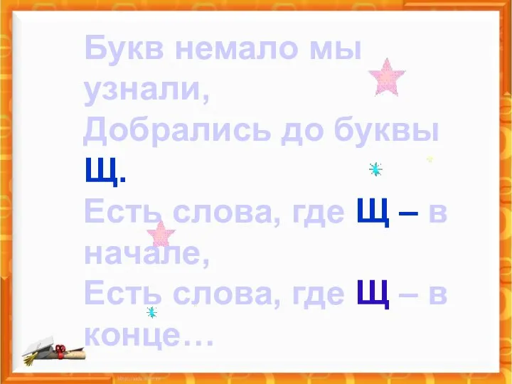 Букв немало мы узнали, Добрались до буквы Щ. Есть слова, где