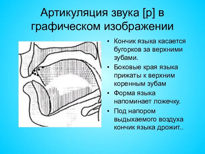 Артикуляция звука [р] в графическом изображении Кончик языка касается бугорков за