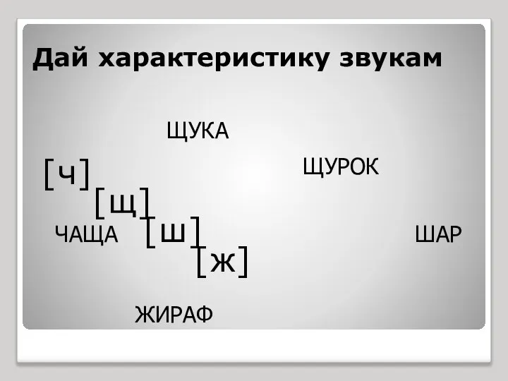 Дай характеристику звукам [ч] [щ] [ш] [ж] ЩУРОК ЖИРАФ ШАР ЧАЩА ЩУКА