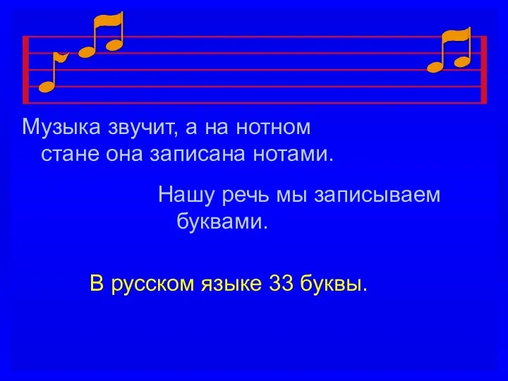 Музыка звучит, а на нотном стане она записана нотами. Нашу речь