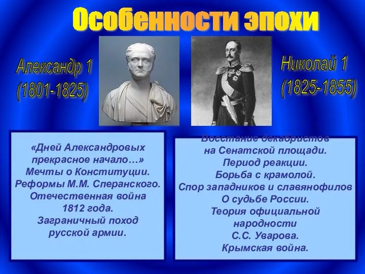 Особенности эпохи Александр 1 (1801-1825) Николай 1 (1825-1855) «Дней Александровых прекрасное