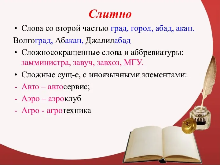 Слитно Слова со второй частью град, город, абад, акан. Волгоград, Абакан,