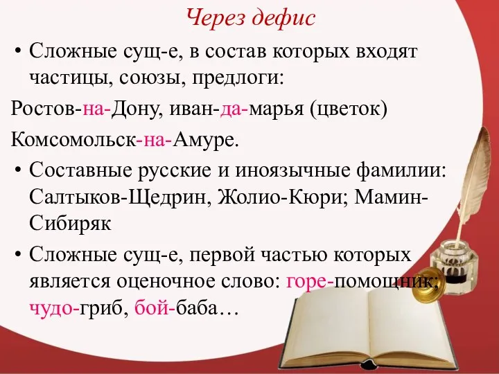 Через дефис Сложные сущ-е, в состав которых входят частицы, союзы, предлоги: