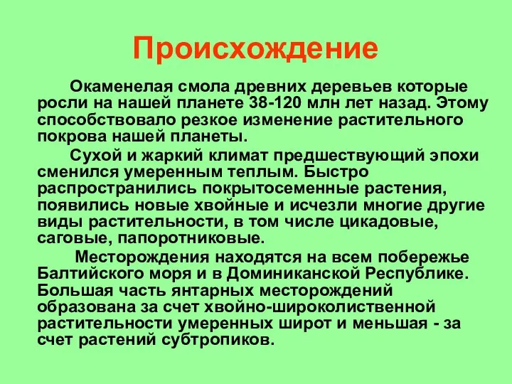 Происхождение Окаменелая смола древних деревьев которые росли на нашей планете 38-120