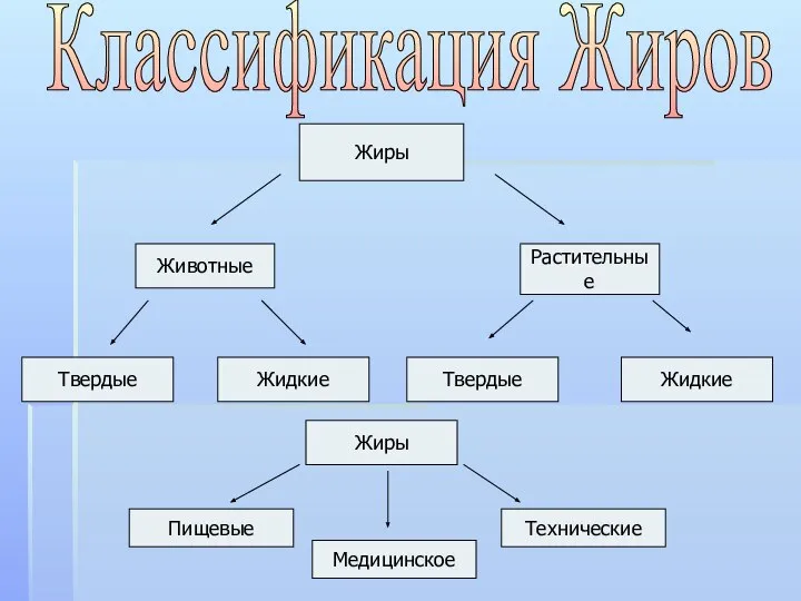 Классификация Жиров Жиры Животные Растительные Твердые Жидкие Твердые Жидкие Жиры Пищевые Медицинское Технические