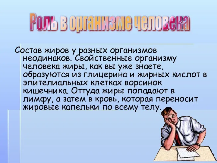 Состав жиров у разных организмов неодинаков. Свойственные организму человека жиры, как