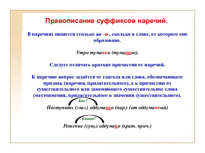 Правописание суффиксов наречий. В наречиях пишется столько же -н-, сколько в