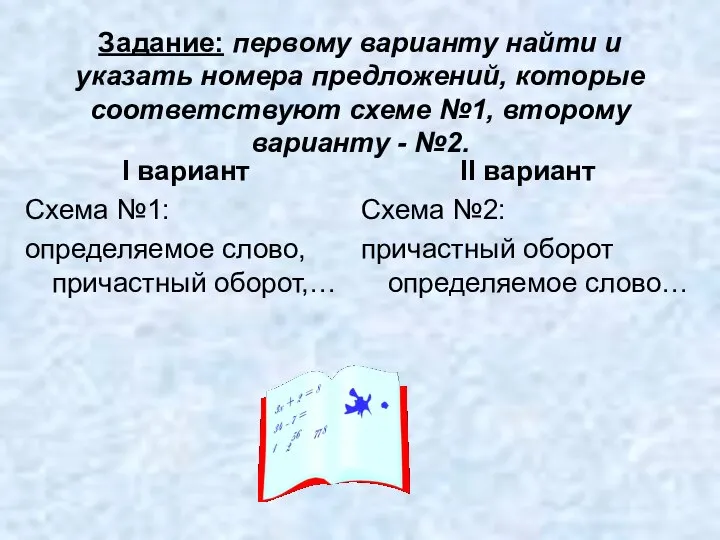 Задание: первому варианту найти и указать номера предложений, которые соответствуют схеме