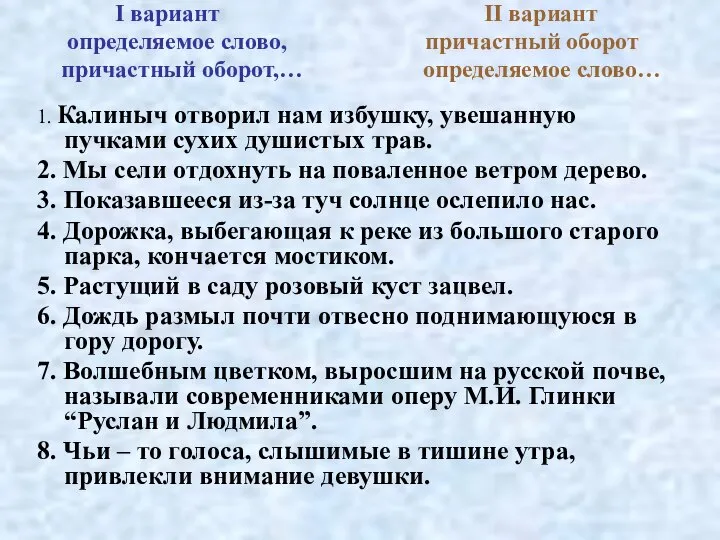 I вариант II вариант определяемое слово, причастный оборот причастный оборот,… определяемое