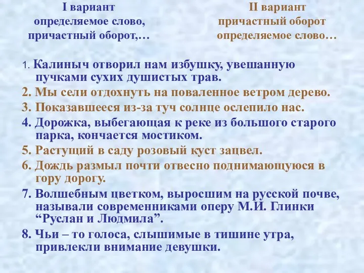 I вариант II вариант определяемое слово, причастный оборот причастный оборот,… определяемое