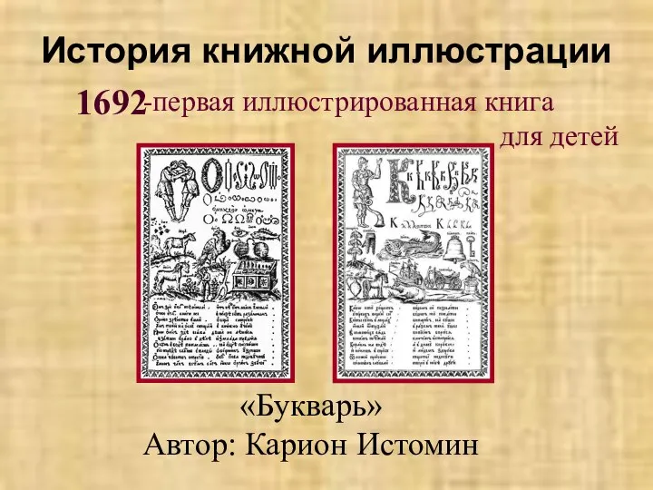 История книжной иллюстрации 1692 первая иллюстрированная книга для детей «Букварь» Автор: Карион Истомин