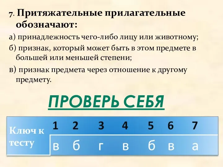 7. Притяжательные прилагательные обозначают: а) принадлежность чего-либо лицу или животному; б)