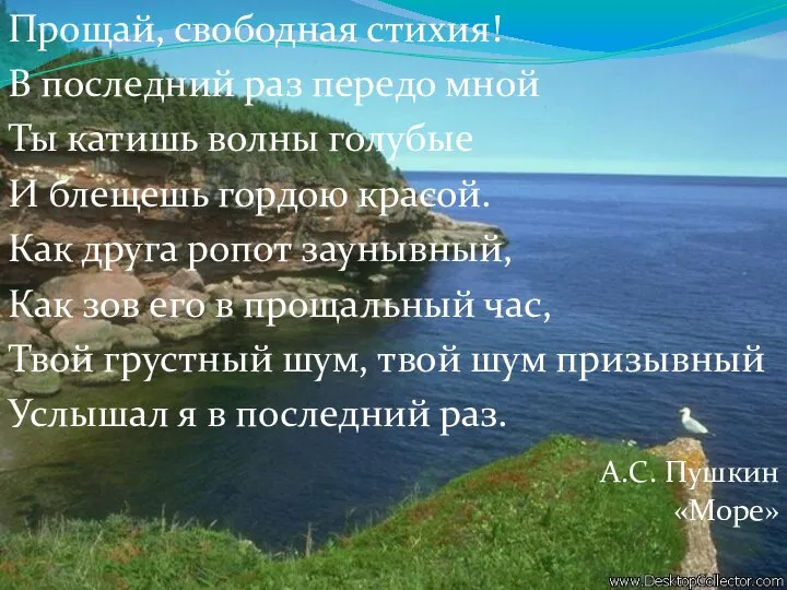 Прощай, свободная стихия! В последний раз передо мной Ты катишь волны