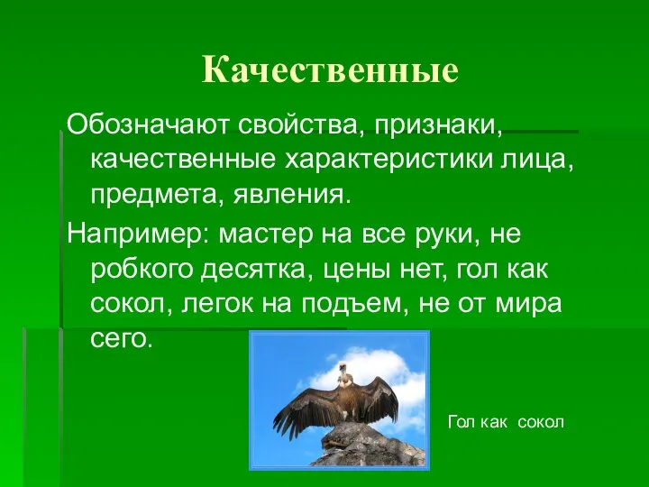 Качественные Обозначают свойства, признаки, качественные характеристики лица, предмета, явления. Например: мастер