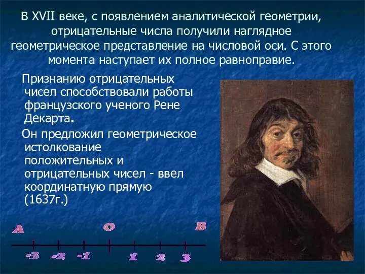 В XVII веке, с появлением аналитической геометрии, отрицательные числа получили наглядное