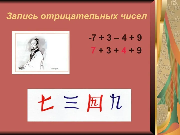 Запись отрицательных чисел -7 + 3 – 4 + 9 7